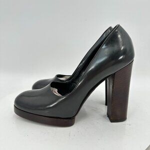 Gucci Women Size 9B Black Leather Platform Slip On Pump Block Heel Shoes